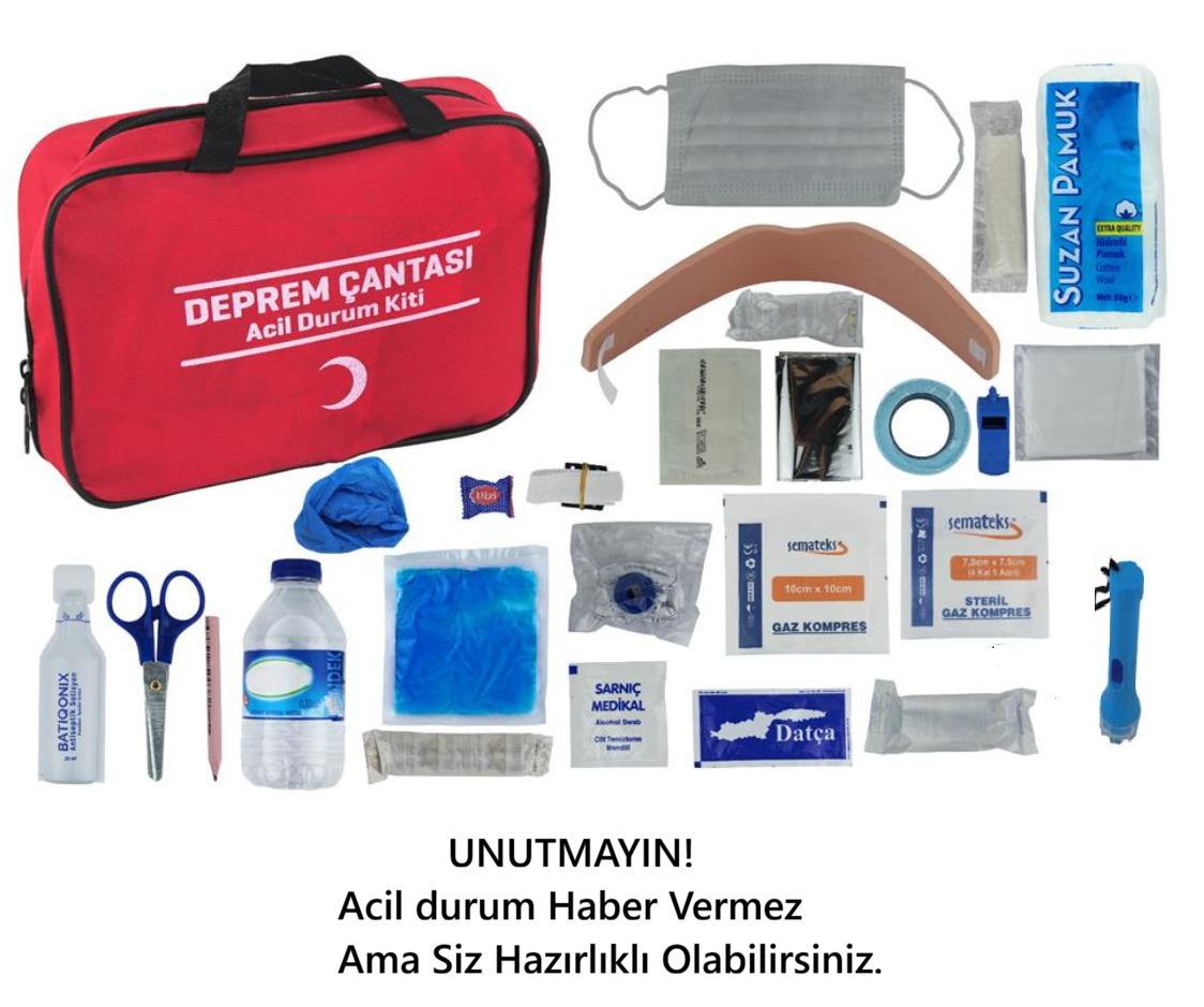 Acil Müdahale Kiti Deprem Çantası Temel Malzemeler, Fermuarlı 29 Parça Çanta.
